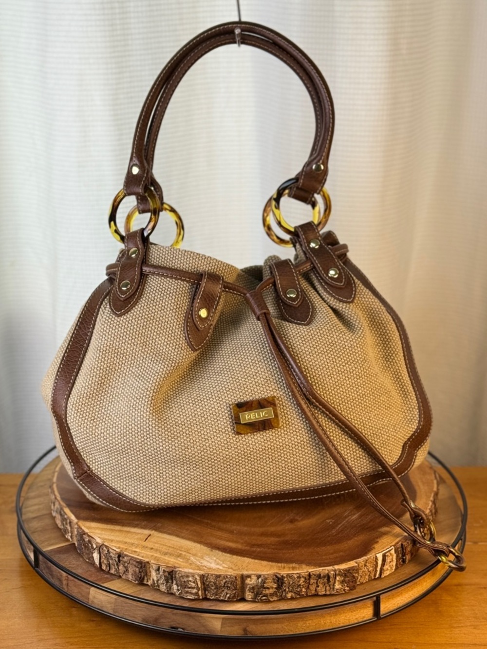 Relic by Fossil Soft Woven Hobo Brown Faux Leather Trim + Tortoiseshell Rings